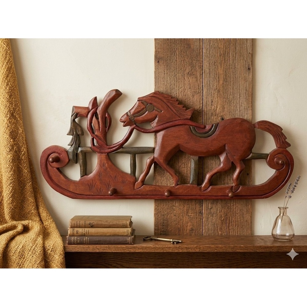 Carved Wood Horse Sleigh Wall Rack Entryway Coat Hat Towel 5 Hook Vintage 28x12
